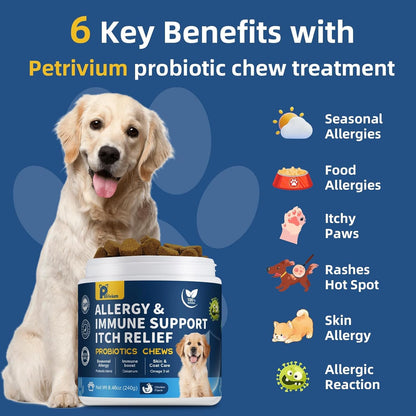Dogs Allergy & Itch Relief Chews, Dog Probiotics for Itchy Skin and Itchy Ear, Dog Allergy Supplement for Paw Licking, Pet Itching Skin Relief with Colostrum, Fish Oil, Probiotic to Boost Immune 120ct