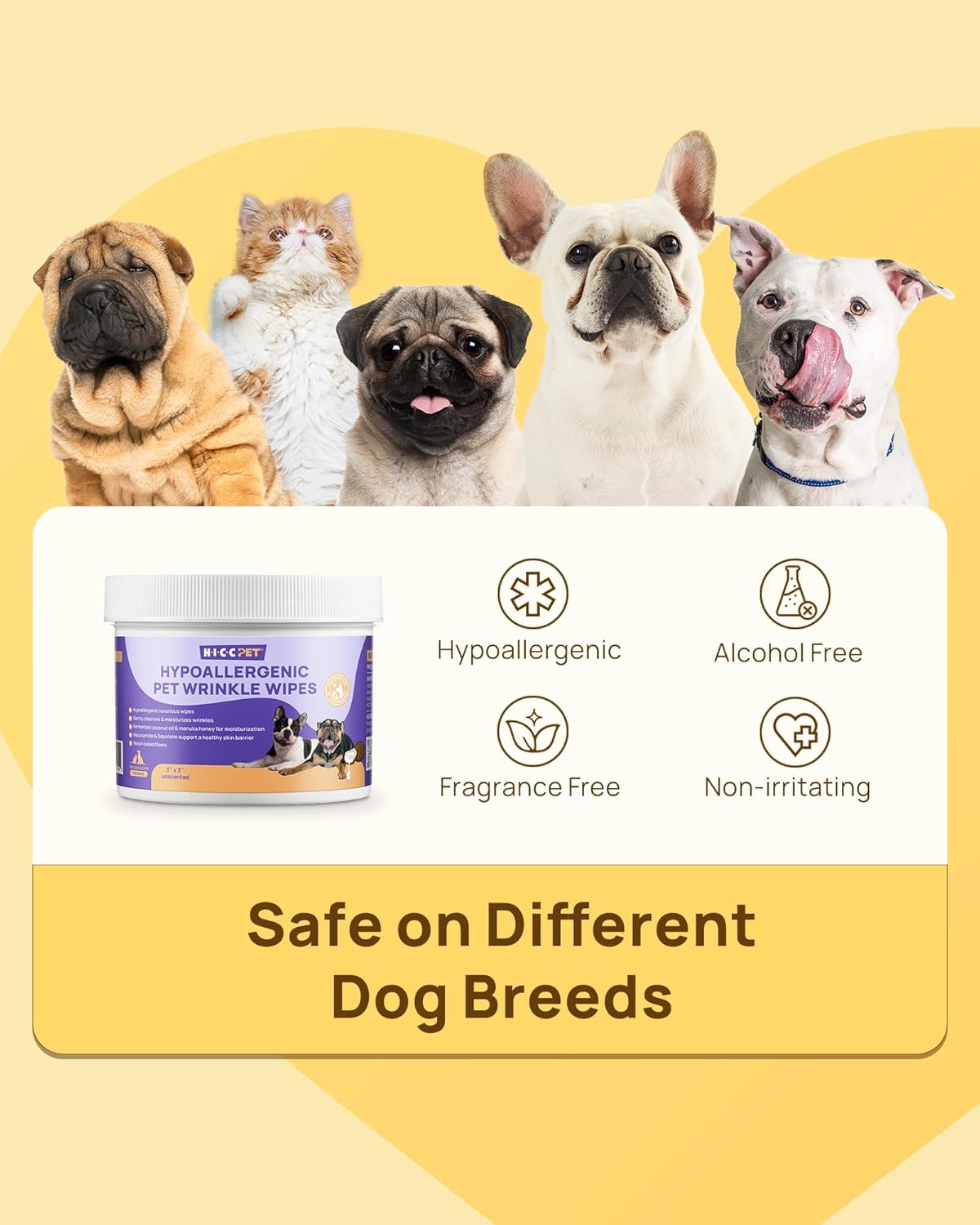 HICC PET Dog Wrinkle Wipes, Gentle Tear Stain Remover & Fold Cleaner, Vet-Approved Wipes for Odor & Itch Relief, Cleans Tail Pockets & Facial Folds for French Bulldogs, Pugs, Shar-PEIS (100 Ct)