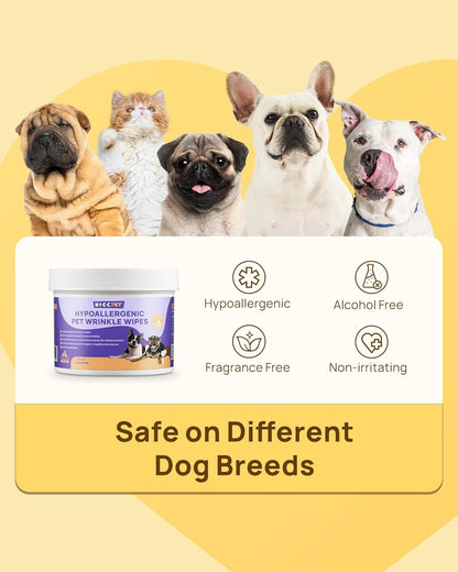 HICC PET Dog Wrinkle Wipes, Gentle Tear Stain Remover & Fold Cleaner, Vet-Approved Wipes for Odor & Itch Relief, Cleans Tail Pockets & Facial Folds for French Bulldogs, Pugs, Shar-PEIS (100 Ct)