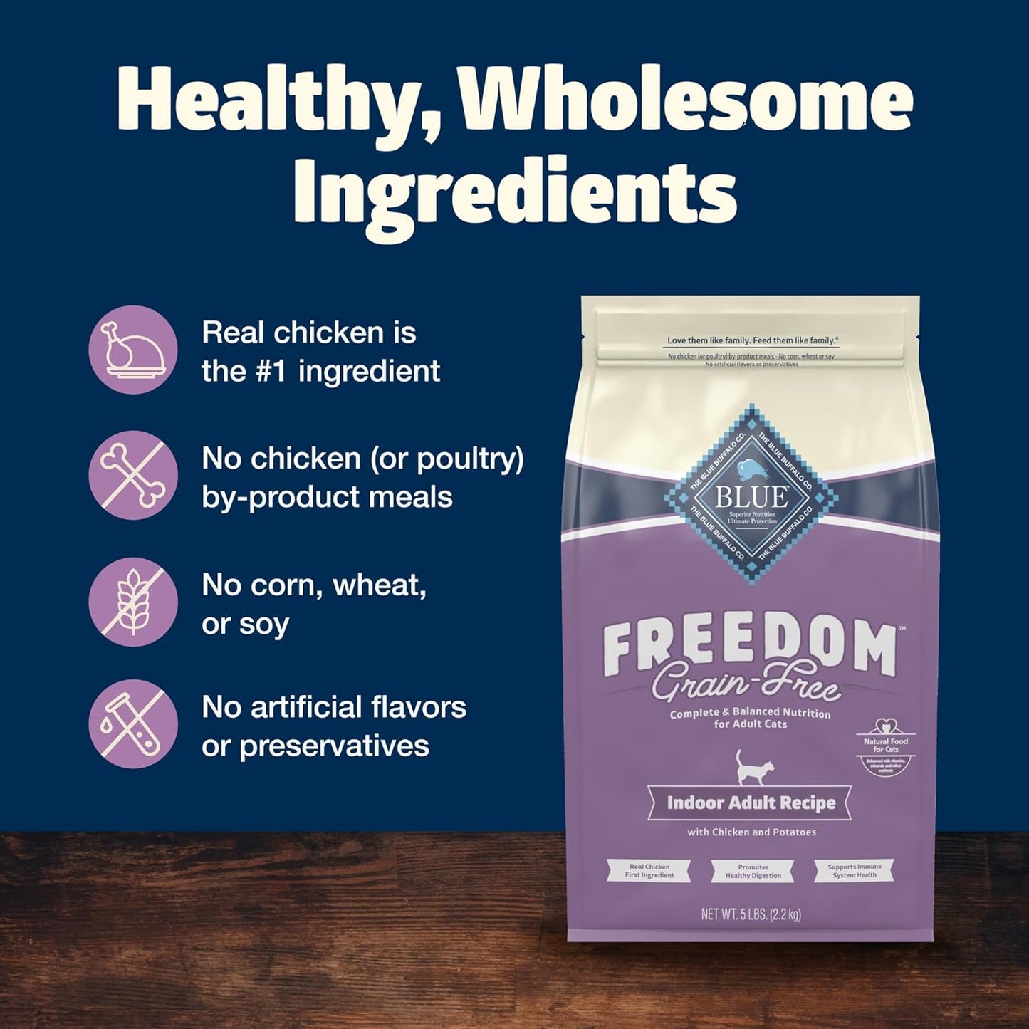Blue Buffalo Freedom Grain-Free Adult Dry Cat Food, Complete & Balanced Nutrition for Indoor Cats, Made with Natural Ingredients, Chicken Recipe, 5-lb. Bag