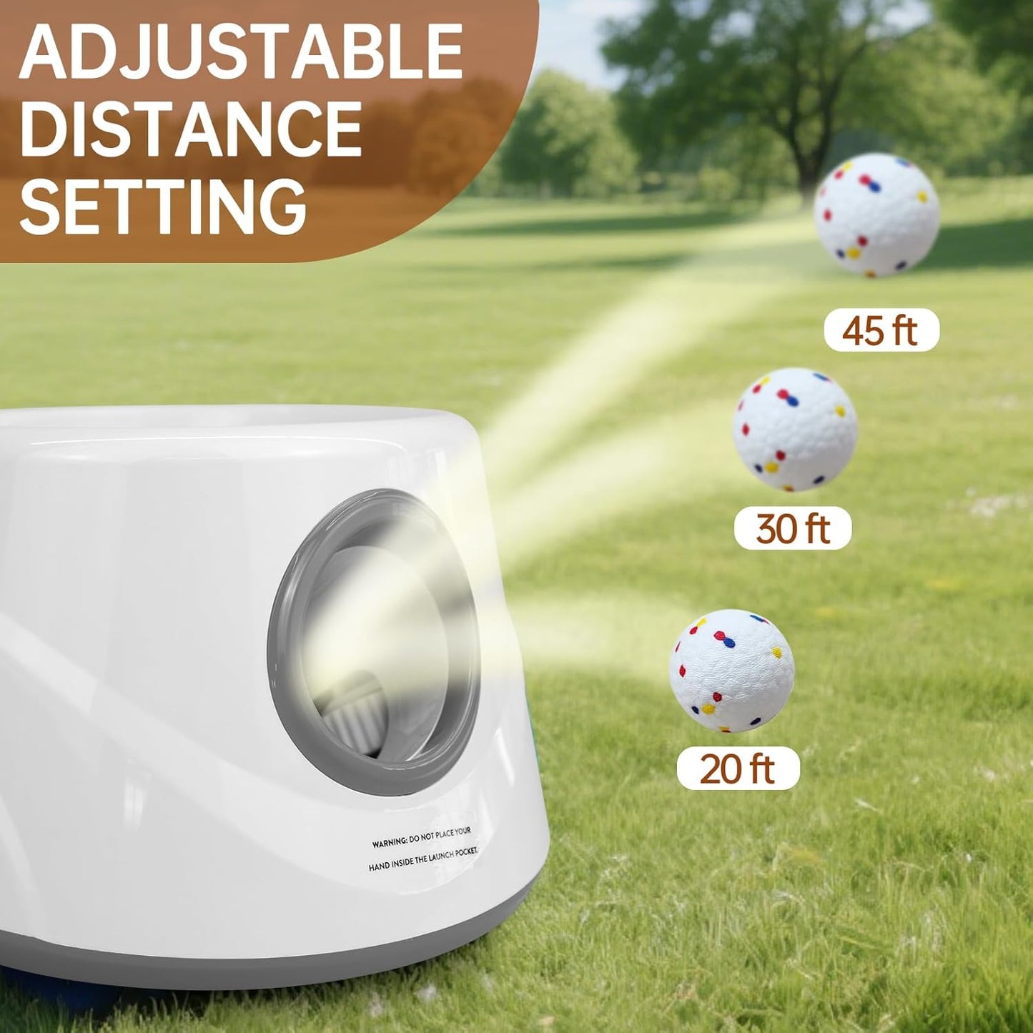 Automatic Ball Launcher for Dogs with 6 ETPU Balls, White, Adjustable Distance 20-45ft, USB Rechargeable, Interactive Pet Toy (Gary)