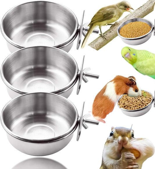 MotBach 3 Pack Bird Feeding Bowls Cups Parrot Food Water Dishes, Stainless Steel Bird Bowl Cup Dish with Clamp, Birdcage Feeder Pet Cage Bowls for Cockatiel Budgie Conure Macaw Parakeet Small Animal