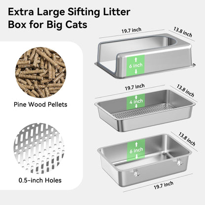 All Stainless Steel Sifting Litter Box for Pine Pellets,Sifting Cat Litter Box with Lid,High Sides Metal Sifter Litter Pan System for Big Cats,Odor Control,Easy to Clean