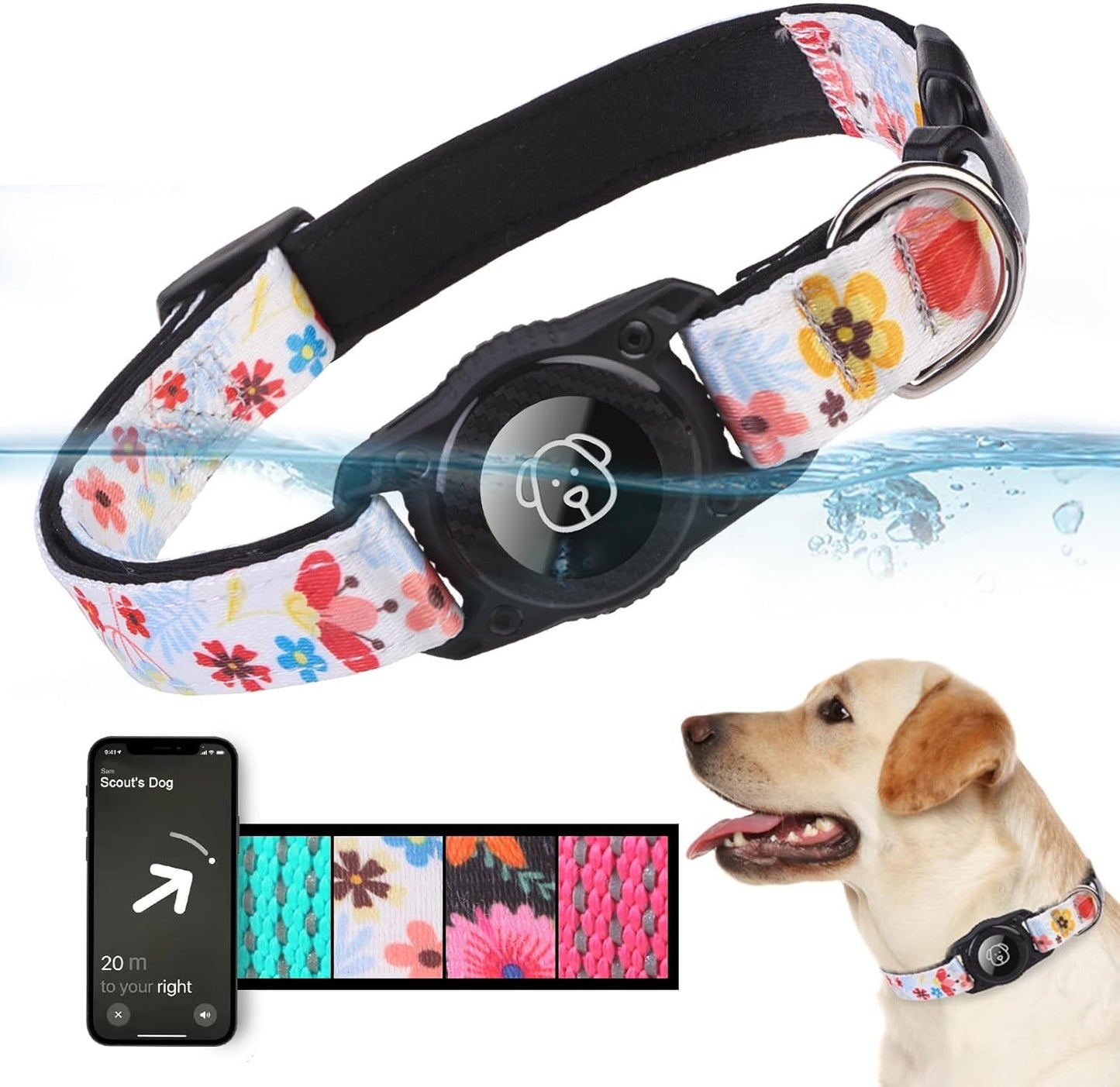 BINGPET AirTag Dog Collar,IP68 Waterproof Airtag Holder,Ultra-Durable Cute Flower Dog Collar with Padded for Tracker,Adjustable Heavy Duty Dog Collar for Small Medium Large Dogs(M(15"-19"),White)