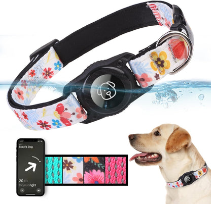 BINGPET AirTag Dog Collar,IP68 Waterproof Airtag Holder,Ultra-Durable Cute Flower Dog Collar with Padded for Tracker,Adjustable Heavy Duty Dog Collar for Small Medium Large Dogs(M(15"-19"),White)