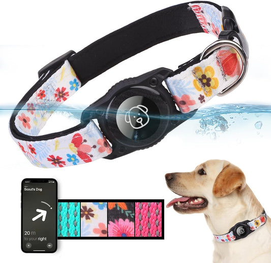 BINGPET AirTag Dog Collar,IP68 Waterproof Airtag Holder,Ultra-Durable Cute Flower Dog Collar with Padded for Tracker,Adjustable Heavy Duty Dog Collar for Small Medium Large Dogs(M(15"-19"),White)