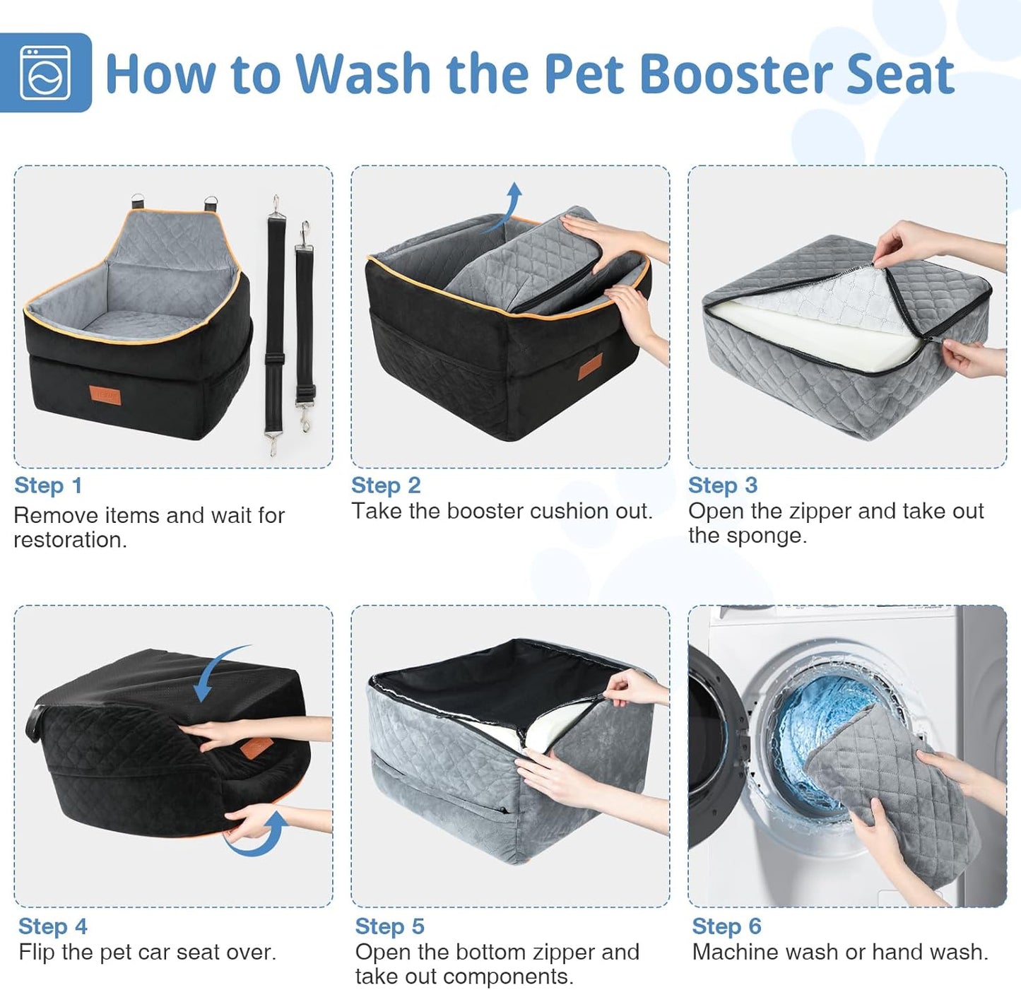 Dog Car Seat for Small Medium Dogs, Memory Foam Dog Booster Car Seat for Pets Under 35 lbs, Anti-Slip Pet Carseat with 2 Adjustable Leashes, Elevated Dog Travel Bed with Storage Pockets