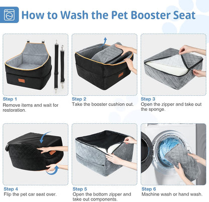 Dog Car Seat for Small Medium Dogs, Memory Foam Dog Booster Car Seat for Pets Under 35 lbs, Anti-Slip Pet Carseat with 2 Adjustable Leashes, Elevated Dog Travel Bed with Storage Pockets