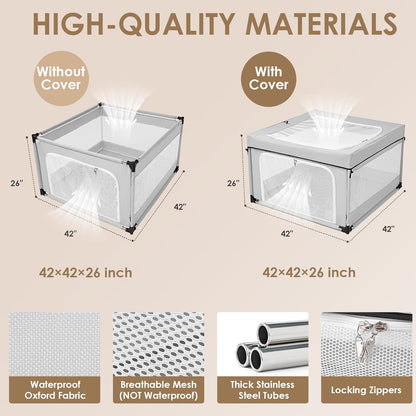 EHEYCIGA 42x42x26 Inches Puppy Playpen with Top Cover for Dogs & Cats Indoor or Outdoor - Dog Playpen with Door, Dog Fence for Small Animal with Heavy-Duty Oxford & Steel Frame, Sliver Grey