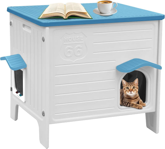 Rockever Plastic Outdoor Cat House, Waterproof Cat House for Outdoor Cats with Escape Door, Sturdy Feral Cat House Outdoor Indoor, Spacious and Clean Easily (Blue,M)