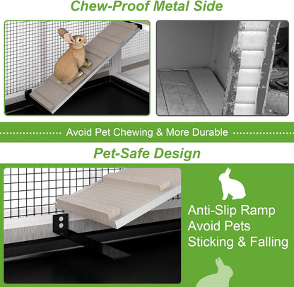 2 Story Rabbit Hutch Outdoor Indoor, Wooden Bunny Cage with 6 Lockable Wheels, 3 Removable No Leakage Pull Out Trays, Chew-Proof Ramp & Waterproof Roof, Ideal for Rabbit & Guinea Pig