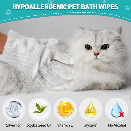 QuickClean Pet Cleaning Gloves ，Extra-Thick Pet Glove Wipes for Dogs & Cats – Gentle & Lick-Safe Dog Bath Wipes – Easy Wipe Paws, Eyes, Ears, & Body – Grooming & Deodorizing (6 Pack)