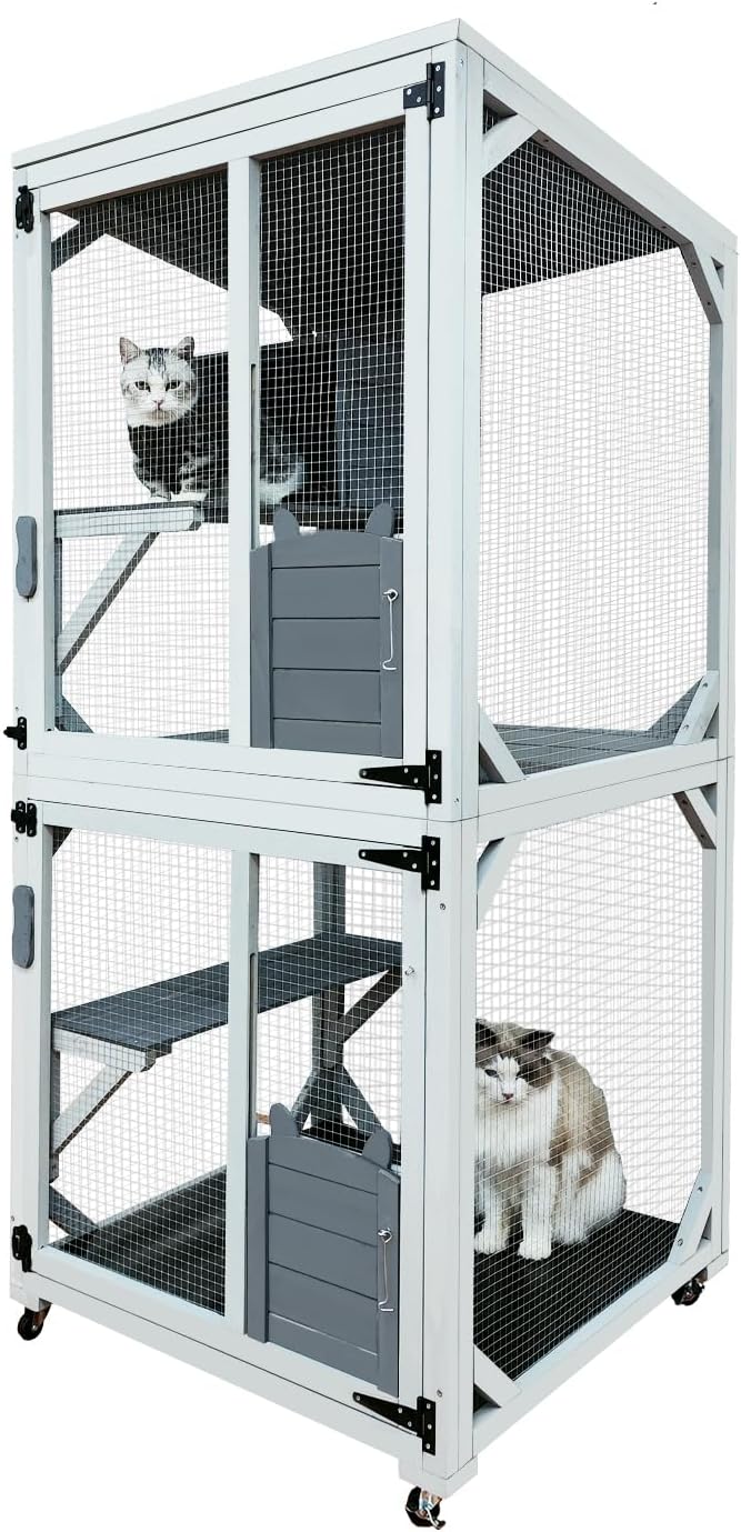 30.7" Wooden Catio Outdoor Cat Enclosure, Cat House on Wheels with 4 Platforms,Napping House & Weatherproof Asphalt Roof, Kitty Cage Shelter with Sliding Doors,Gray