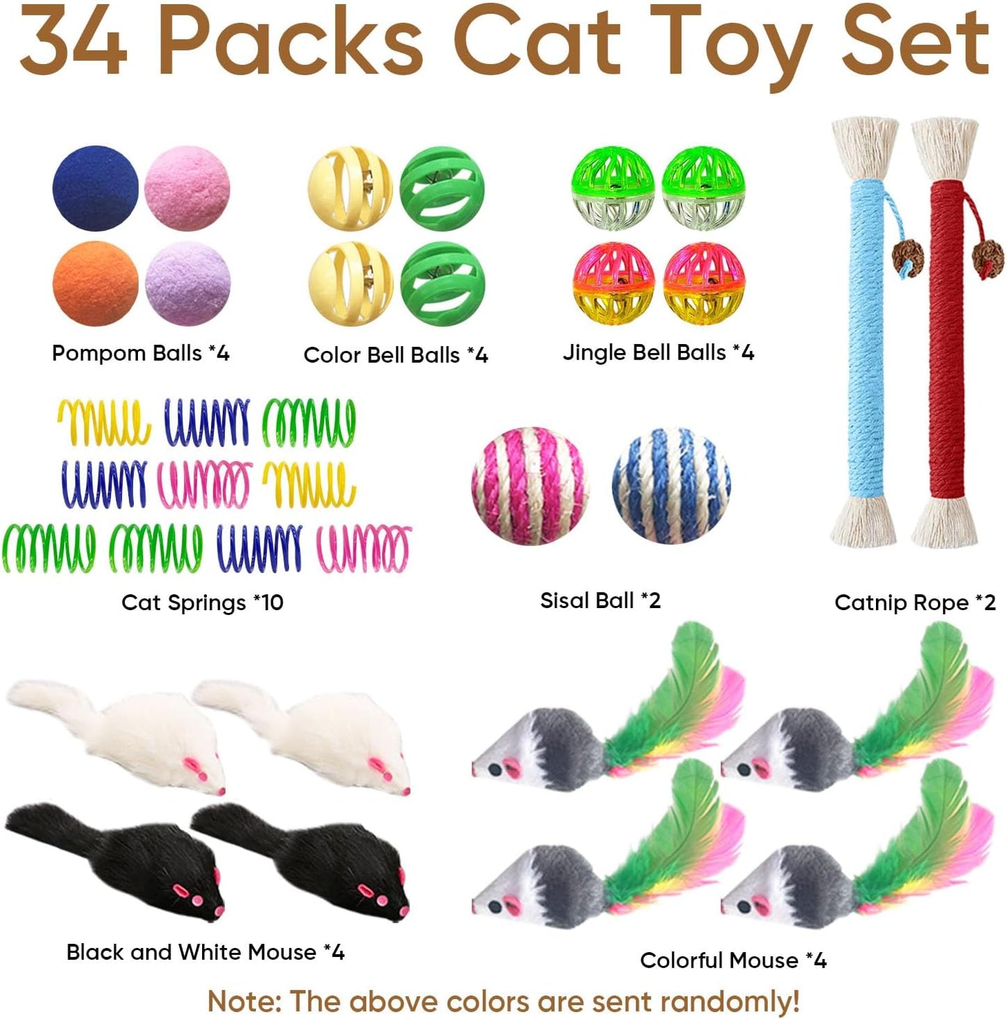Cat Toys for Indoor Cats - 34 Packs Interactive Set with Colorful Springs, Mouse Toy, Catnip Ropes, Balls, Bells, and Sisal Ball for Kittens