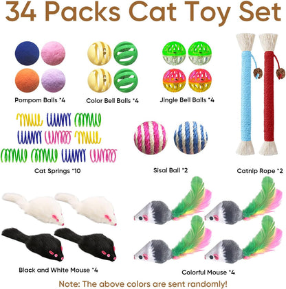 Cat Toys for Indoor Cats - 34 Packs Interactive Set with Colorful Springs, Mouse Toy, Catnip Ropes, Balls, Bells, and Sisal Ball for Kittens