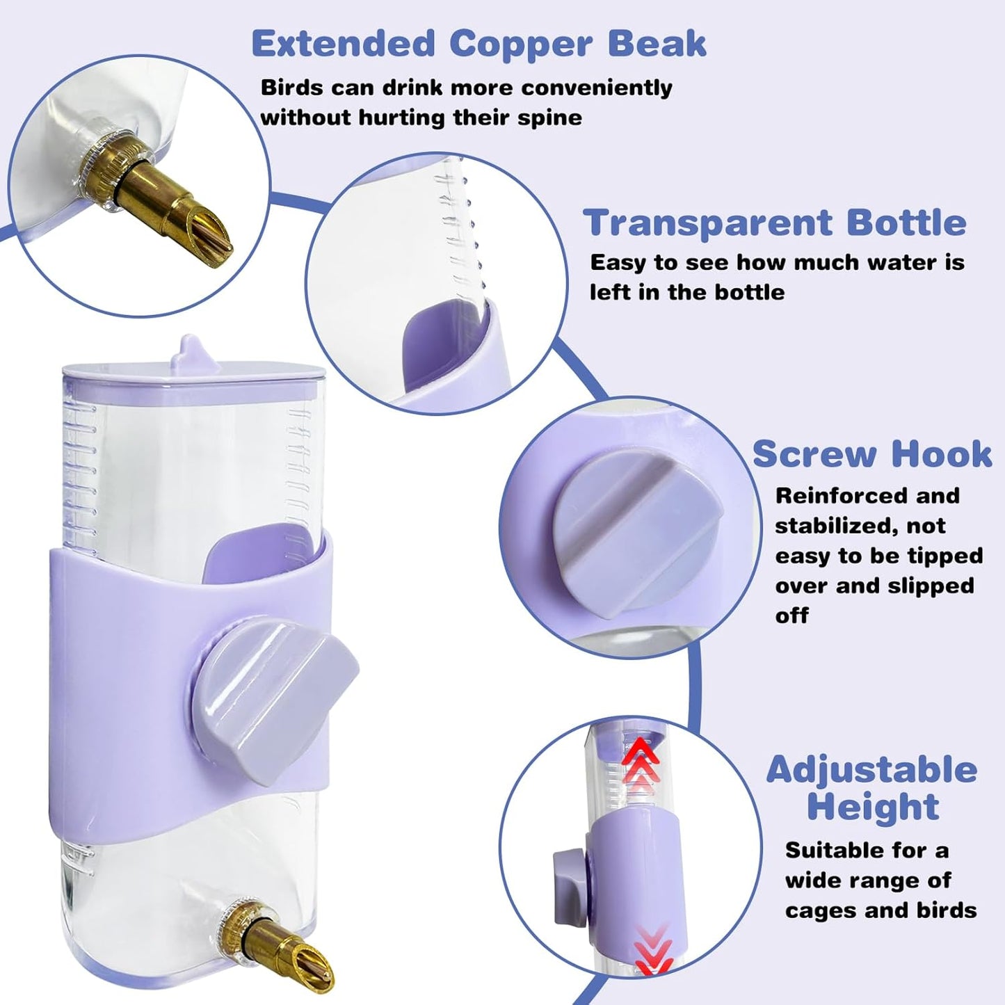 PINVNBY Bird Water Dispenser 9.47 Fl Oz Automatic Parrot Water Feeder Suspended Water Dispenser Bird Cage Accessories for Parakeet Budgie Lovebird Cockatiel Finch (Purple)