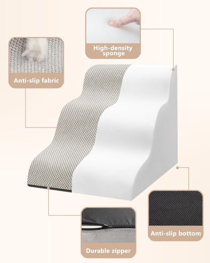 Dog Stairs for Small Dogs,3 Step Dog Ramp for Couch and Bed,Pet Stairs with Non-Slip Bottom for Old Cats,Indoor Pet Steps,Comfort,Durable,15.4" H,Light Grey