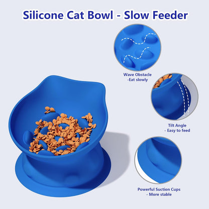 Slow Feed Cat Bowl, Elevated Cat Food Dish with Tilted Design, Dual-Use for Dry and Wet Food, Anti-Vomit, Anti-Choking, Easy to Clean