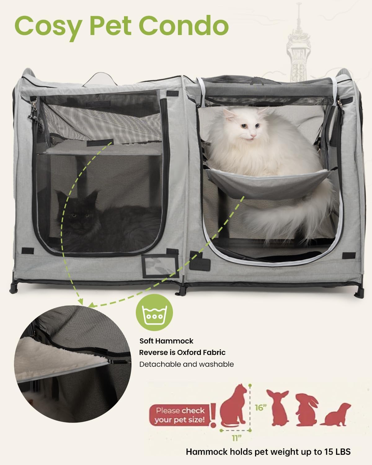 Portable Twin Compartment Show House Cat Cage Condo,Comfy Puppy Home Dog Travel Crate with Carry Bag,2 Hammocks and Mats & Collapsible Litter Box and Water Bottle
