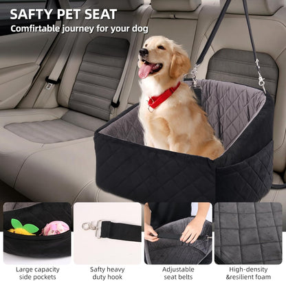 Small Dog Car Seat Booster Soft Thick Cushion for Pets Under 30lbs Detachable & Machine Washable 2 Safety Belts & Storage Pockets Secure Travel Bed for Compact Cars