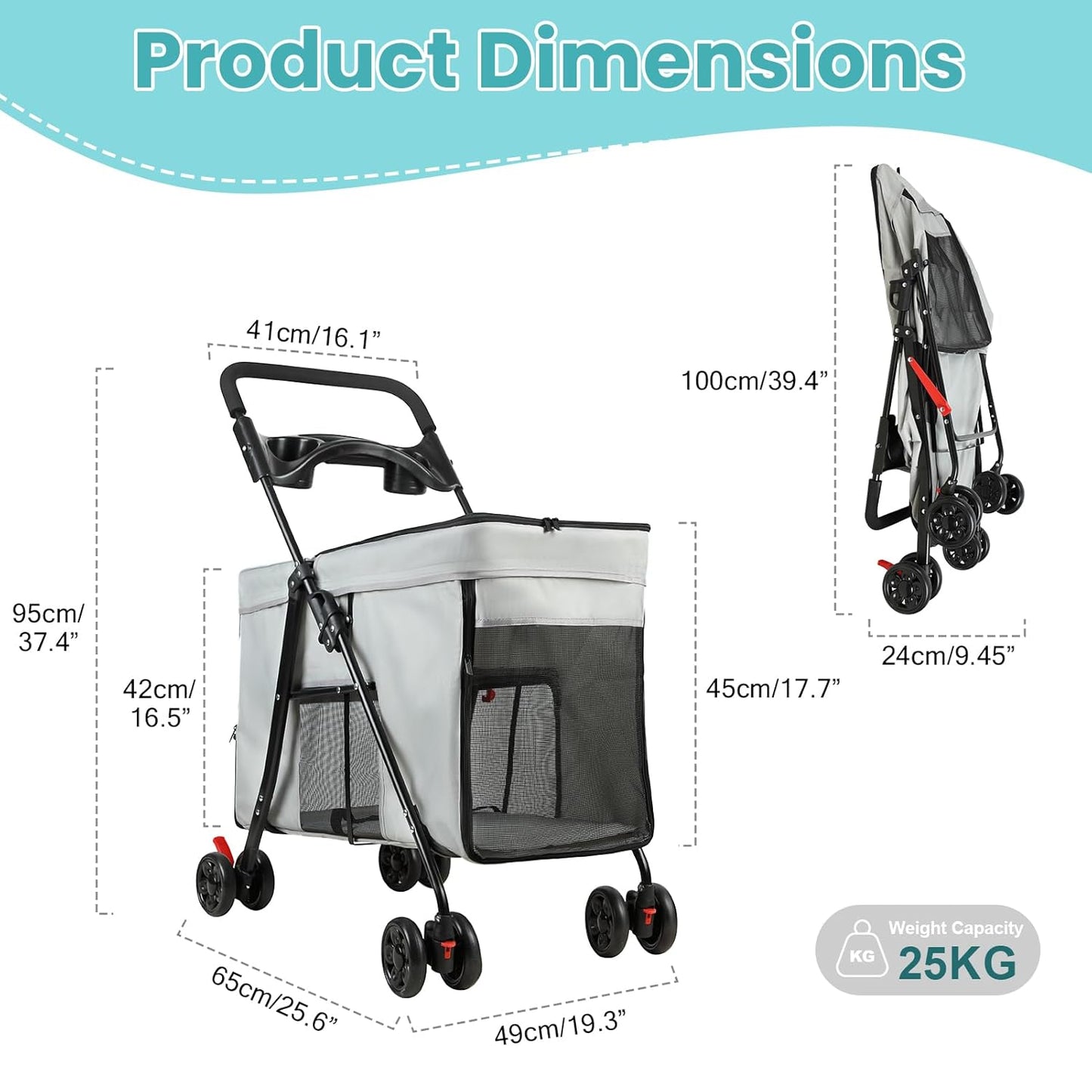 Dog Stroller with 360-Degree Wheels, Foldable Pet Cart for Small/Medium Dogs, 5 Ventilation Windows, Removable Tray, Outdoor Travel Pet Carrier