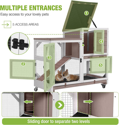 Gutinneen 2-Story Rabbit Hutch with Chew-Proof Ramp & Leak-Proof Trays - Indoor/Outdoor 39.3" Wooden Rabbit Cage with Wheels for Rabbits, Guinea Pigs