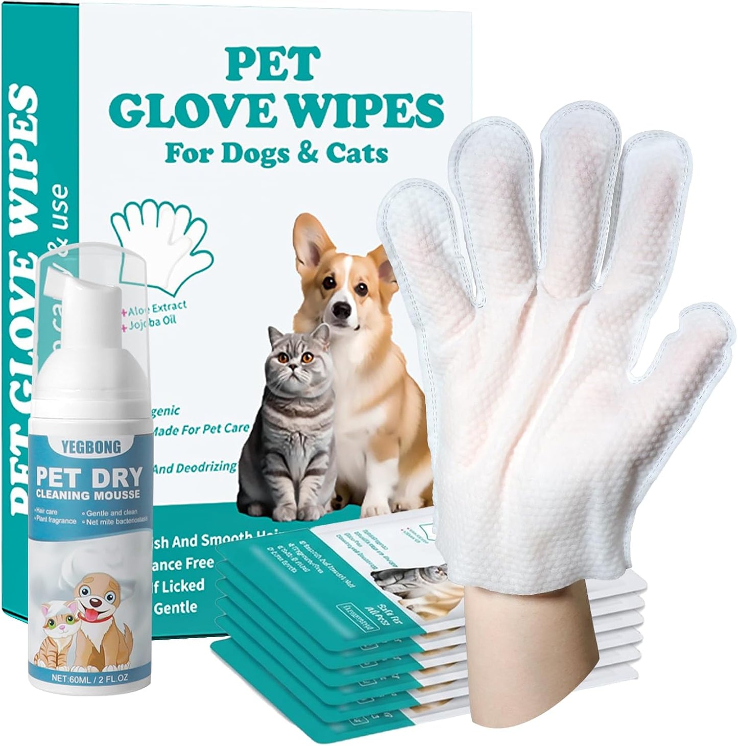 Pet Glove Wipes for Dogs & Cats – Extra Thick Rinse-Free Mittens, Hypoallergenic, Cleansing & Deodorizing, Optional No-Rinse Foam Mousse for Deeper Cleaning, Ideal for Playful & Large Dogs