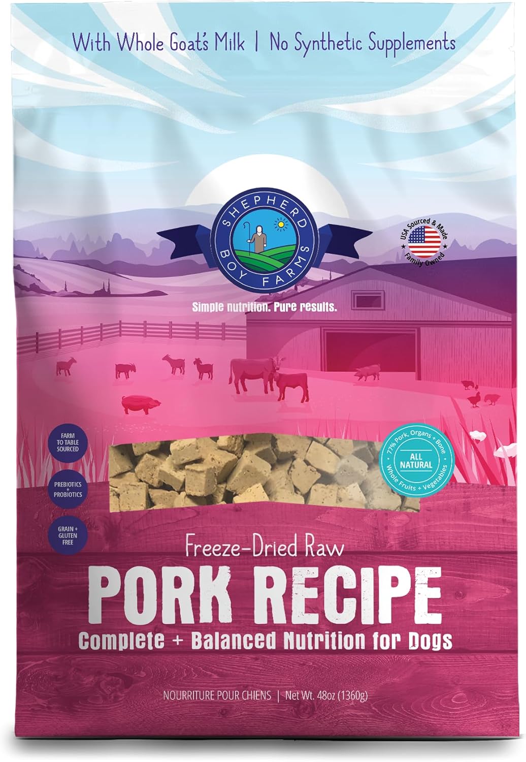 Shepherd Boy Farms Freeze Dried Raw Dog Food, Pork Recipe, All Natural, No Synthetics, Made in USA with Goat's Milk & Organic Produce, High Protein, Complete Meal (48oz)