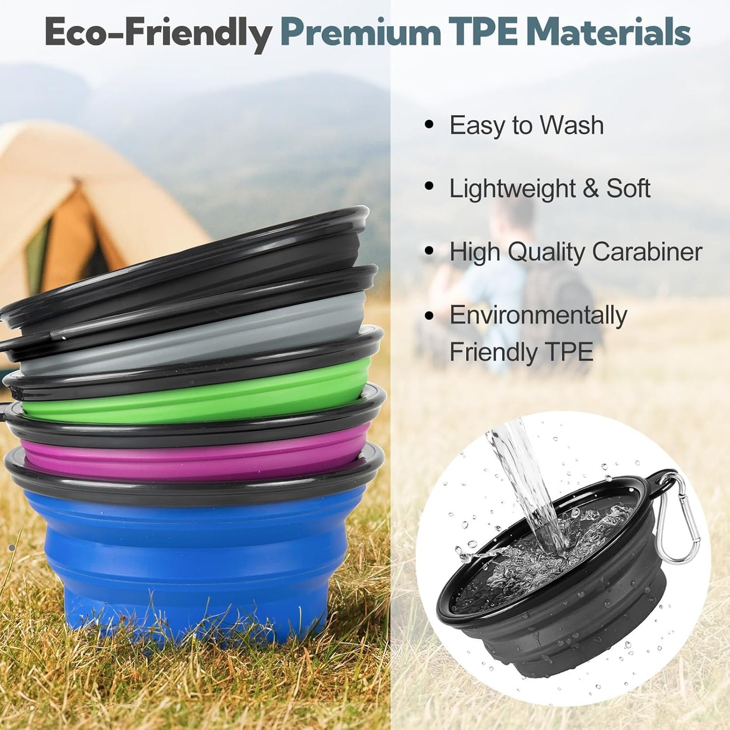 Dog Bowl Collapsible, 2 Pack Portable Foldable Travel Water Bowl Food Dishes with Carabiner Clip for Traveling, Hiking, Walking(12oz, Small, Blue+Black)