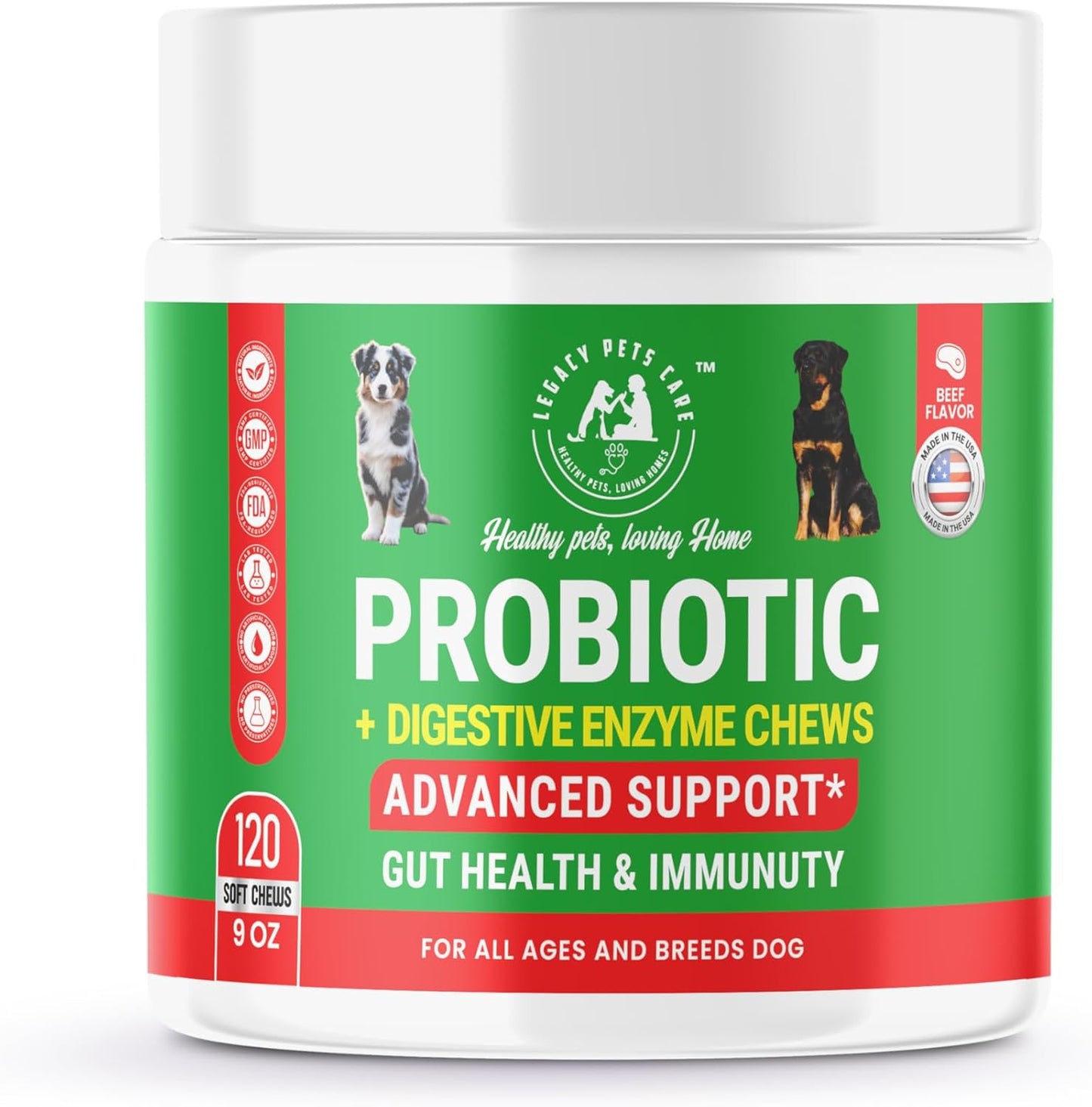 Probiotics for Dogs Soft Chews, 120 Count – Complete Gut Care for Digestive & Immune Support | Probiotics for Digestive Health | Pet Probiotics 9 oz Jar - Probiotic for Dogs