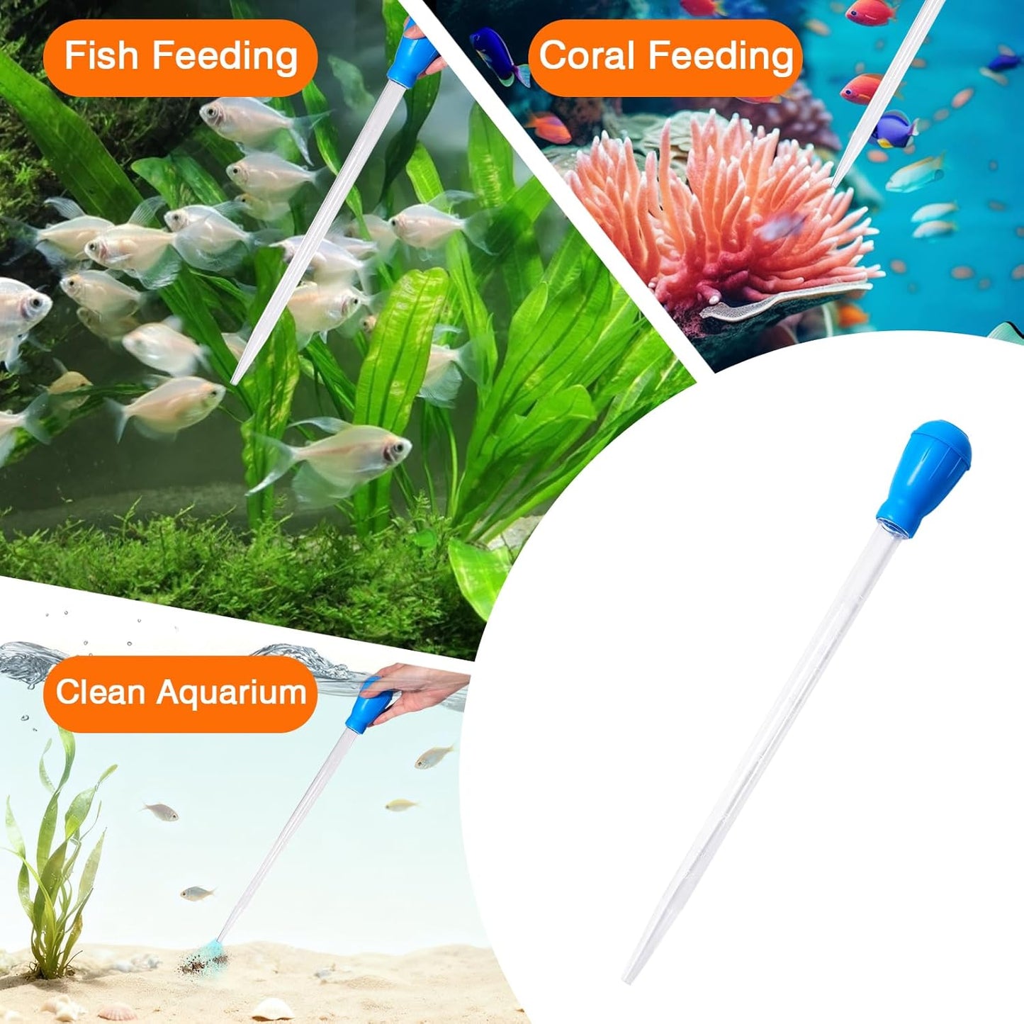 2PCS Fish Tank Cleaning and Feeder Kit, Fish Tank Cleaner Brush and Coral Feeder Set, Turkey Baster for Aquarium, Algae Scraper, Long Pipette for Aquarium Feeding Waste Remover