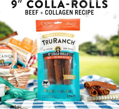 TRURANCH Collagen Rolls - 9" Collagen Rolls for Dogs - Long Lasting Healthy Joint Support Dog Treat - Rawhide Alternative - Skin & Coat Health - Made with Real Beef, 1 Bag, 3 Count
