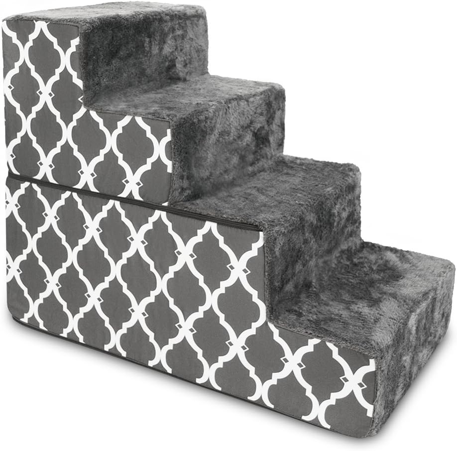 Best Pet Supplies Foldable Foam Pet Steps for Small Dogs and Cats, Portable Ramp Stairs for Couch, Sofa, and High Bed Climbing, Non-Slip Balanced Step Support, Paw Safe - Gray Lattice, 4-Step (H: 22")