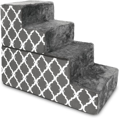 Best Pet Supplies Foldable Foam Pet Steps for Small Dogs and Cats, Portable Ramp Stairs for Couch, Sofa, and High Bed Climbing, Non-Slip Balanced Step Support, Paw Safe - Gray Lattice, 4-Step (H: 22")