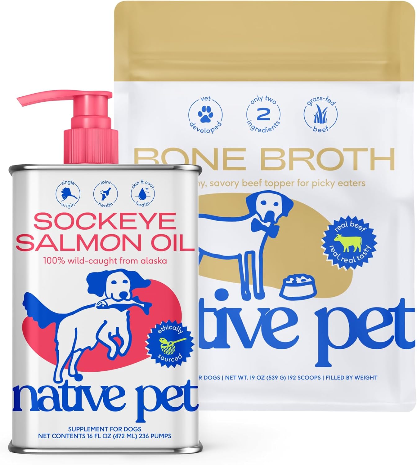 Native Pet Beef Bone Broth Powder for Dogs (19 Oz.) & Salmon Oil for Dogs & Cats (8 Oz.) – Pure Omega-3 Fish Oil and Beef Bone Broth Protein Rich Pet Food Supplement