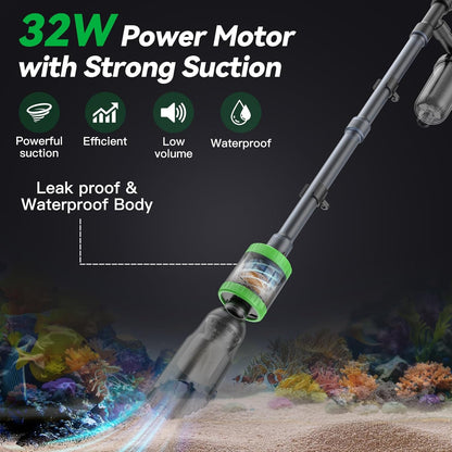 32W Electric Aquarium Vacuum Gravel Cleaner - Strong Suction, Automatic Water Change, Algae Remover, Sand Wash, Water Shower, Water Circulation & Timed Off