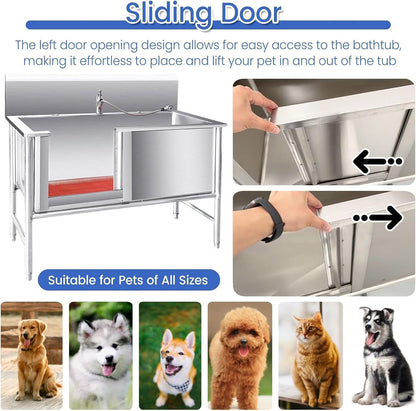 Stainless Steel Professional Pet Dog Grooming Bath Tub for Animal, Elevated Dog Wash Station, Large Pet Bathtub with Drain, Sliding Door, Faucet, Non-Slip Mat(Depth 50 cm)