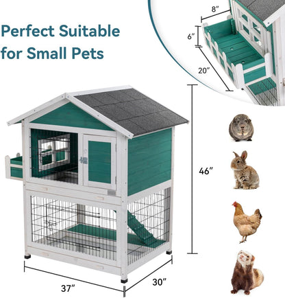 2-Story Wooden Rabbit Hutch Outdoor Indoor Bunny Cage Pull Out Tray, Roof Green Solid Wood 2-Story Durable Outdoor Indoor Easy to Clean