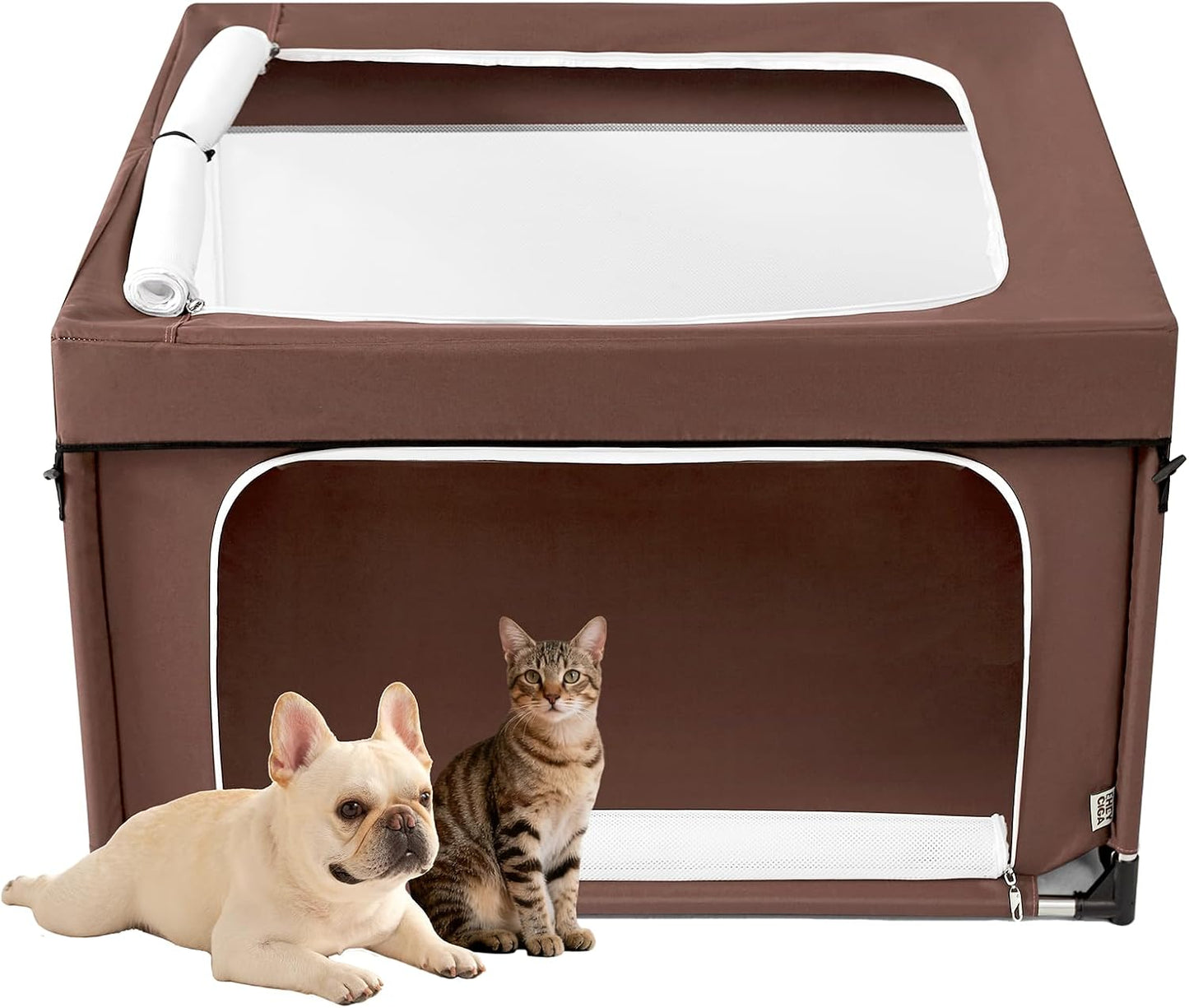 EHEYCIGA 42x42x26 Inches Puppy Playpen with Top Cover for Dogs & Cats Indoor or Outdoor - Dog Playpen with Door, Dog Fence for Small Animal with Heavy-Duty Oxford & Steel Frame, Brown