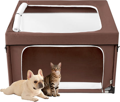 EHEYCIGA 42x42x26 Inches Puppy Playpen with Top Cover for Dogs & Cats Indoor or Outdoor - Dog Playpen with Door, Dog Fence for Small Animal with Heavy-Duty Oxford & Steel Frame, Brown