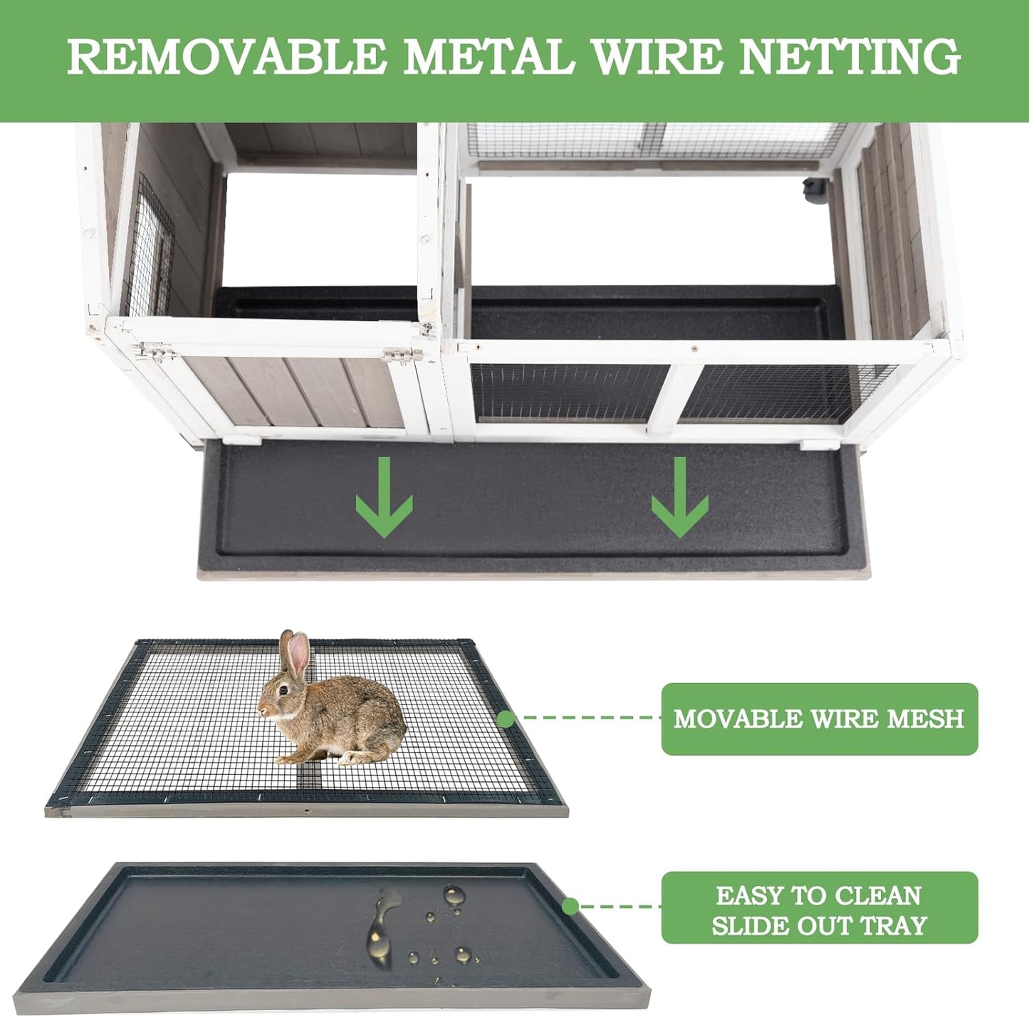 38.19"L Rabbit Hutch Indoor and Outdoor with 4 Wheels,Wooden Rabbit Cage with Pull Out Leak-Proof Tray for 1-2 Rabbits,Bunny Hutch with Asphalt Roof Suitable for Garden,Park,Living Room,Grey