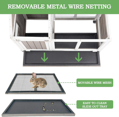 38.19"L Rabbit Hutch Indoor and Outdoor with 4 Wheels,Wooden Rabbit Cage with Pull Out Leak-Proof Tray for 1-2 Rabbits,Bunny Hutch with Asphalt Roof Suitable for Garden,Park,Living Room,Grey