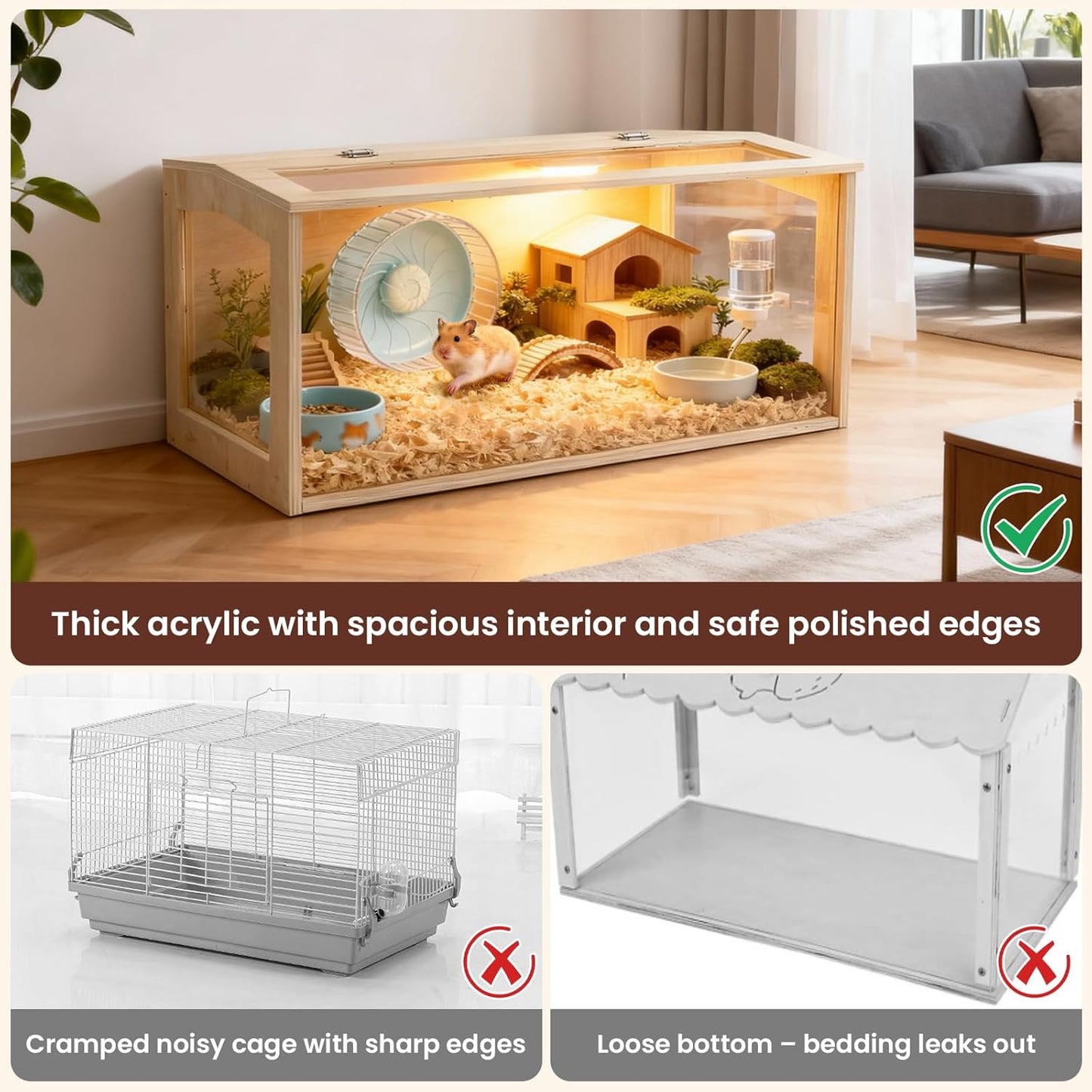 Large Hamster Cage – Deep Burrow & Openable Top, Transparent Small Animal Habitat for Hamsters, Gerbils, Rats & Guinea Pigs, 40" L × 20" W × 20" H