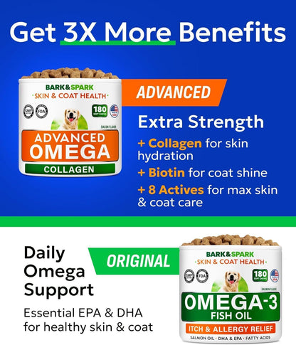 BARK&SPARK Advanced Omega-3 Collagen for Dogs - 180 Salmon & Fish Oil Treats for Dog Shedding, Skin Allergy Chews, Itch Relief, Hot Spots Treatment - Joints, Skin & Coat Supplement,EPA&DHA Fatty Acids