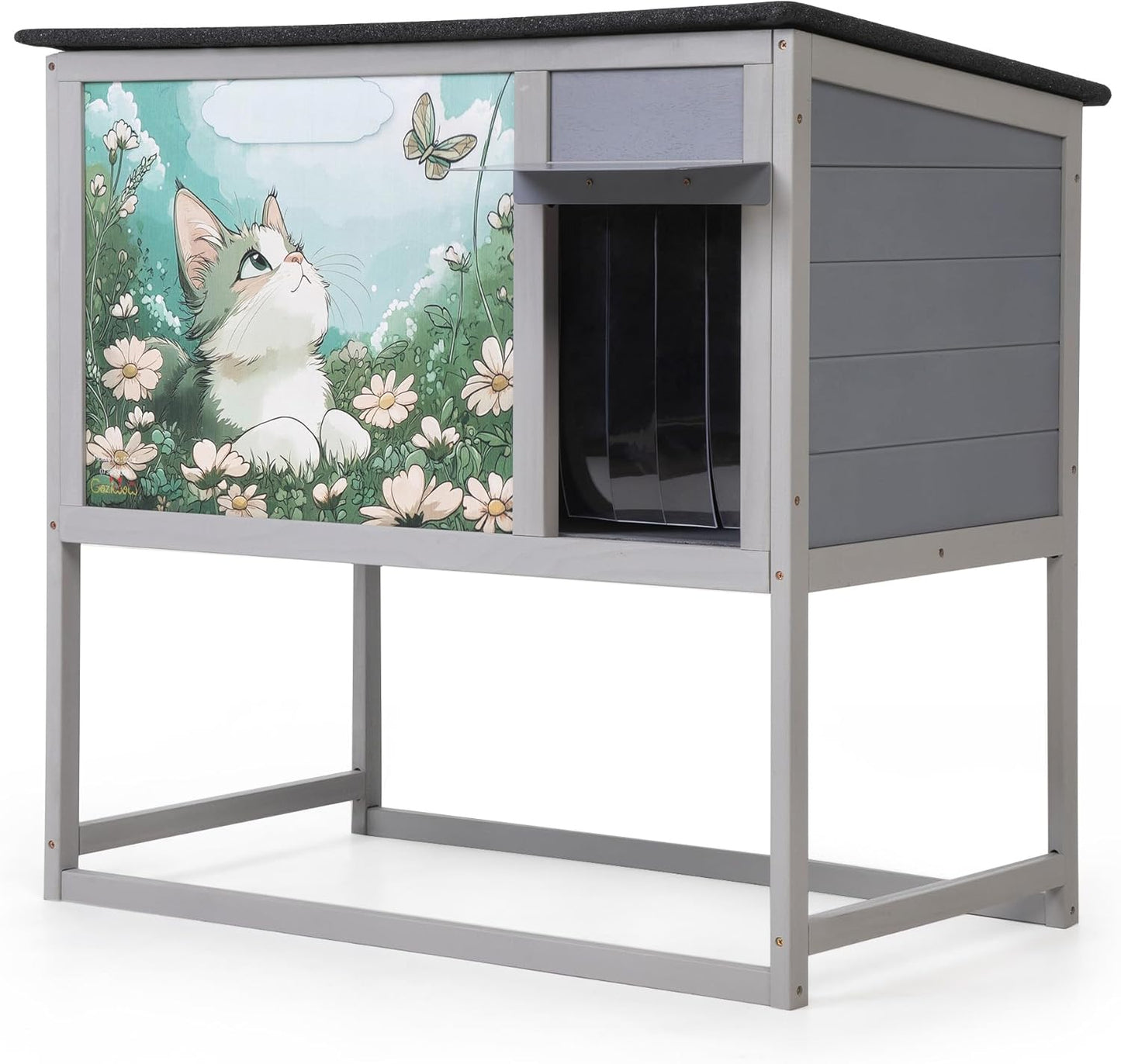 Insulated Warm Outdoor Cat House & Condos, Raised Weatherproof Kitten Shelter for Outside with All-Round Foam, Feral Cat Wooden Enclosure for Small Medium