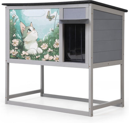 Insulated Warm Outdoor Cat House & Condos, Raised Weatherproof Kitten Shelter for Outside with All-Round Foam, Feral Cat Wooden Enclosure for Small Medium