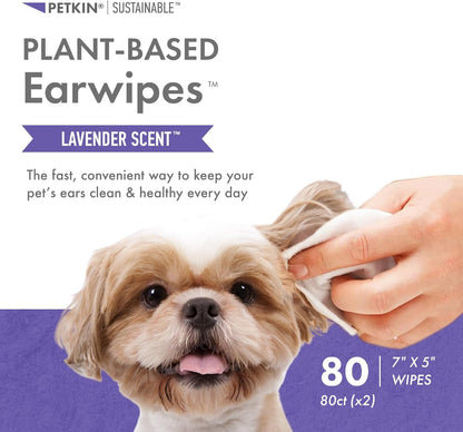 Petkin Plant-Based EarWipes, 80 Wipes, 2 Pack - Biobased & Sustainable Pet Ear Wipes for Dogs & Cats - Cleans Ear Area, Dirt, Odor & Wax - Consciously Cleans & Conditions - Easy to Use - Lavender