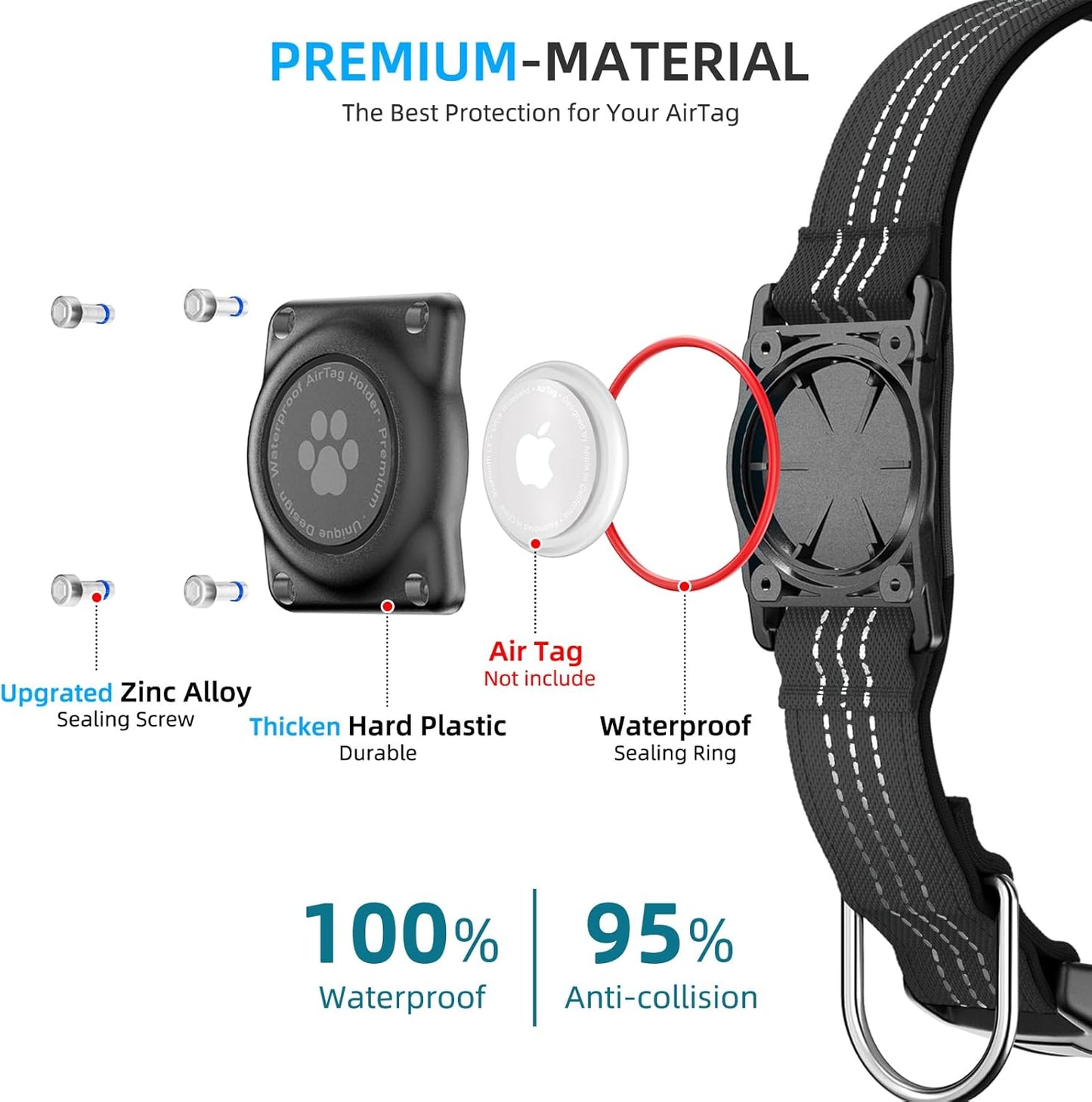 Upgraded AirTag Dog Collar, IP68 Waterproof Air Tag Dog Collar Holder, Reflective, Ultra-Durable, Comfortable Padded, Heavy Duty Dog Collars for Small Medium Large Dogs (L (14.8"-20.3"), Black)