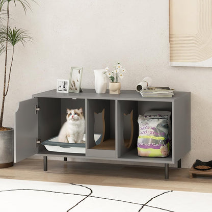 HOMGX Cat Litter Box Enclosure, 40” Hidden Cat Washroom Furniture w/Storage, Removable Scratching Board, Metal Legs, Double-Room Indoor Wooden Kitten House End Side Table, Modern Pet Cabinet (Grey)