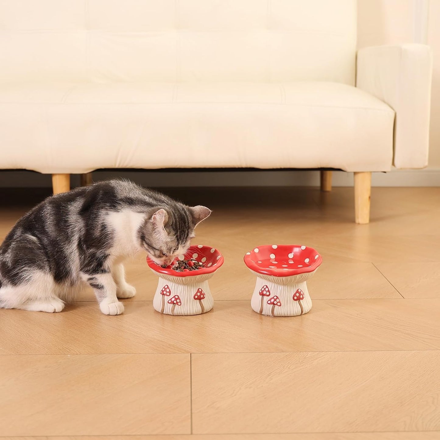 Ceramic Cat Slow Feeder, Cute Mushroom Shape Elevated Food Bowl, Shallow Raised Cat Dish, Anti Vomiting Whisker Fatigue Bowls
